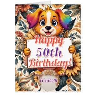 Cute Dog Sunflowers Floral Personalized Card