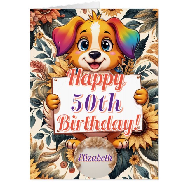Cute Dog|Sunflowers Floral  Personalized  Card (Front)