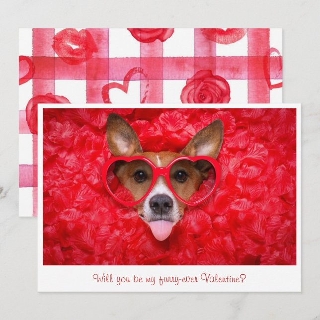 Cute Dog Sunglasses Red Watercolor Valentine Card (Front/Back)