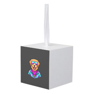 Cute Dog Sunglasses Retro Neon Art_1 Cube Ornament