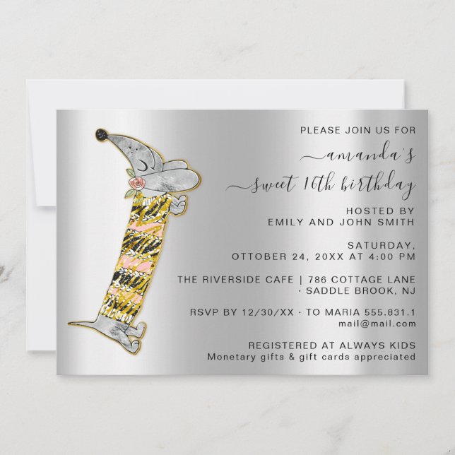 Cute Dog Sweet 16th Birthday Party Silver Gray Invitation (Front)