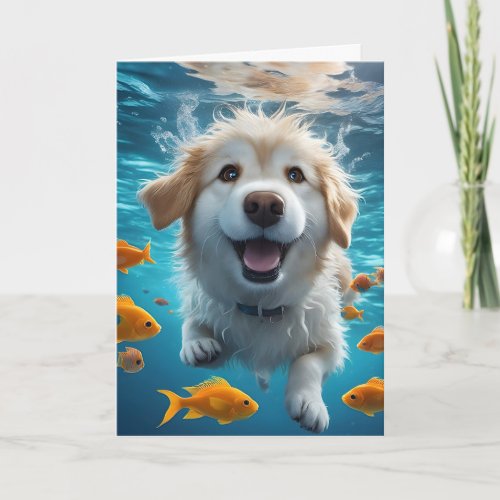 Cute Dog Swimming with Fish Blank Card