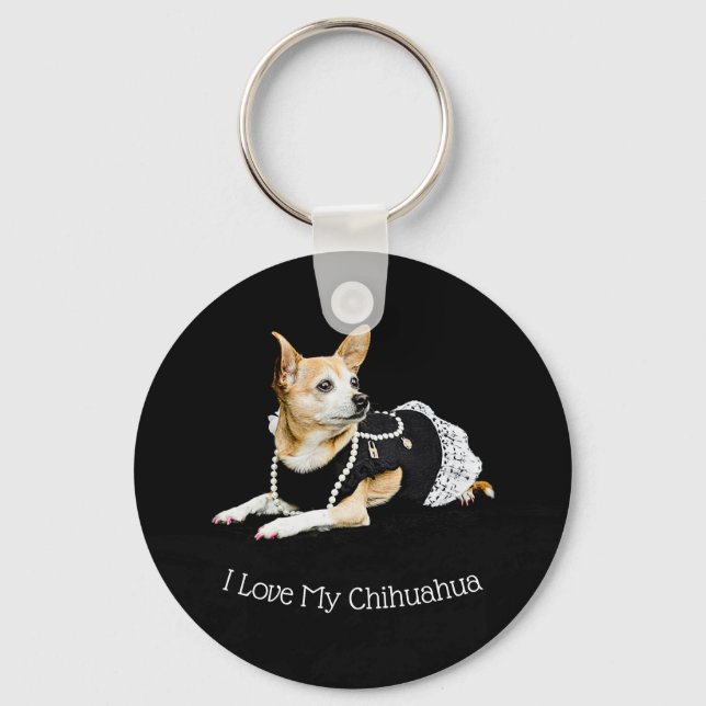 Cute Dog Tan Black White I Love My Chihuahua Keychain (Front)