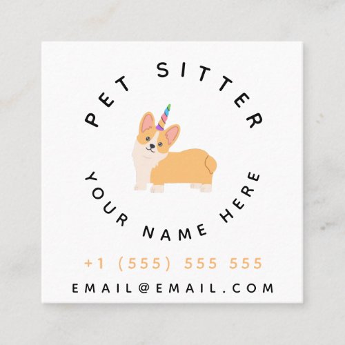 Cute Dog Unicorn Pet Sitter Hotel Animal Care Vet Square Business Card
