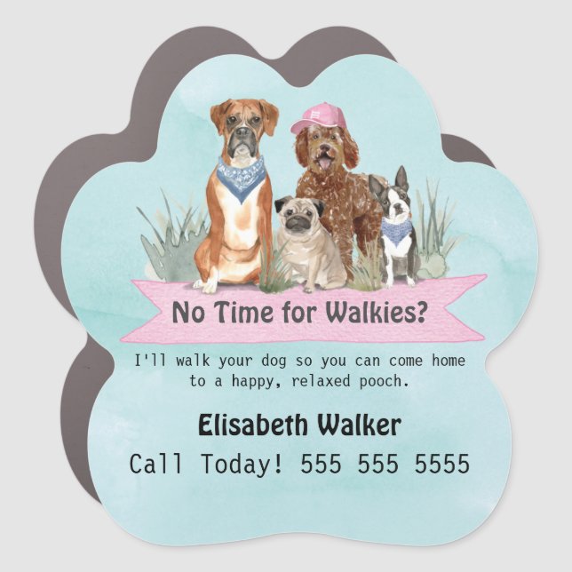 Cute Dog Walker Car Magnet with Pink Banner (Front)