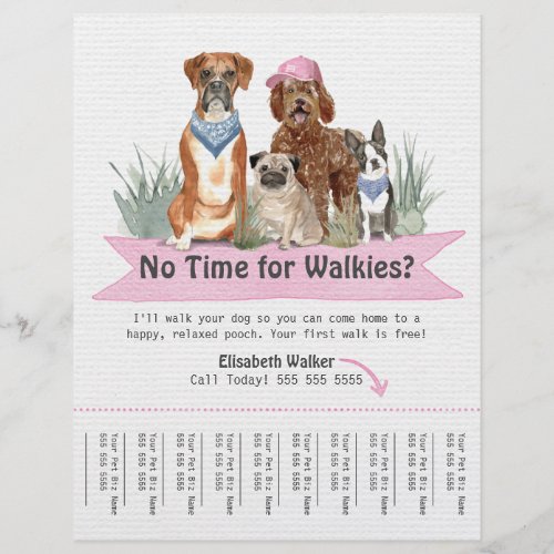 Cute Dog Walker Flyer Tear Sheet Pink Banner
