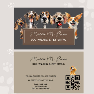 Cute Dog Walker Groomer QR Code Grey Business Card