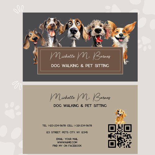 Cute Dog Walker Groomer QR Code Grey  Business Card