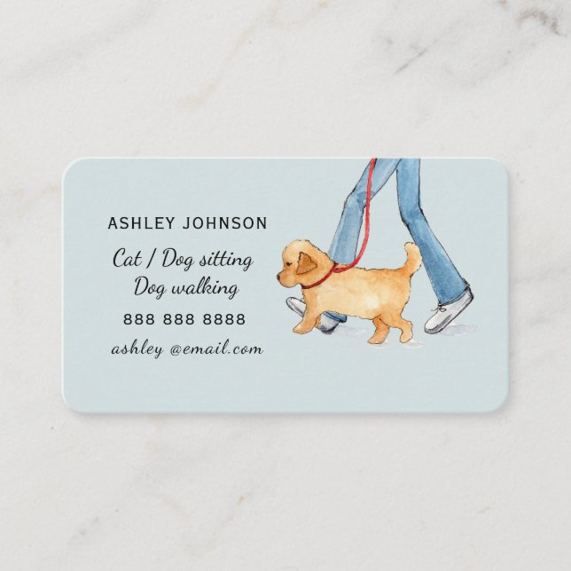 Cute Dog walker Pet sitter watercolor Blue Business Card (Front)