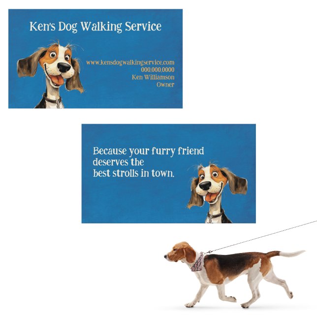Cute Dog Walking Business Card (Happy Beagle dog walking business card for trusted, local pet care and tail-wagging walks.)