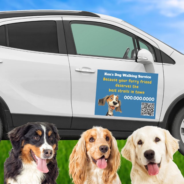 Cute Dog Walking Car Magnet (ChatGPT said:

Custom dog walker car magnet with cute dog, your info & QR code – fun, colorful pet c)