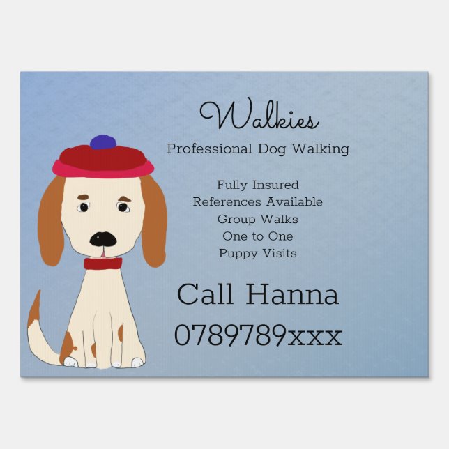 Cute Dog Walking  Dog Grooming Business on Blue  Sign (Front)