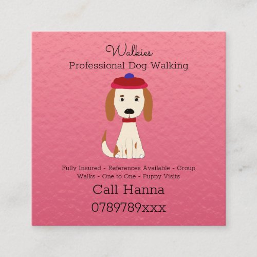 Cute Dog Walking  Dog Grooming Business on Pink  Square Business Card