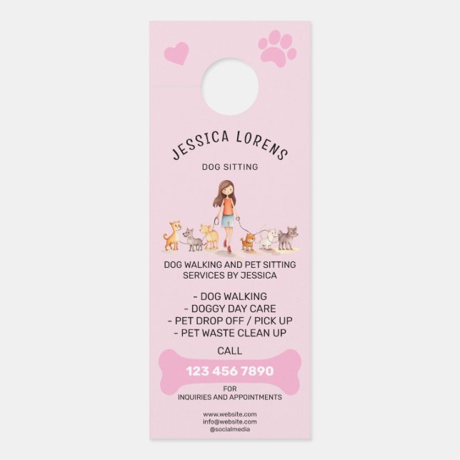 Cute Dog Walking Pet Puppy Sitting Services  Door Hanger (Front)