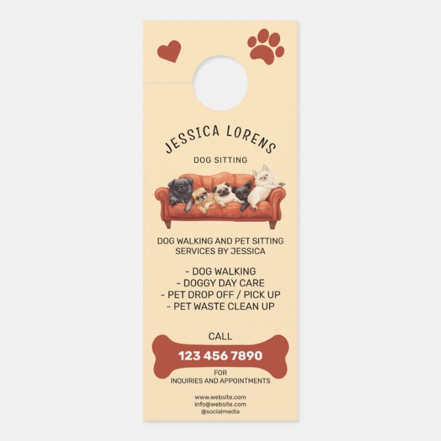 Cute Dog Walking Pet Puppy Sitting Services  Door Hanger (Front)