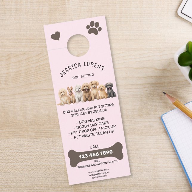 Cute Dog Walking Pet Puppy Sitting Services  Door Hanger (cute dogs on pink background door hanger for dog walking, pet sitting or vet)