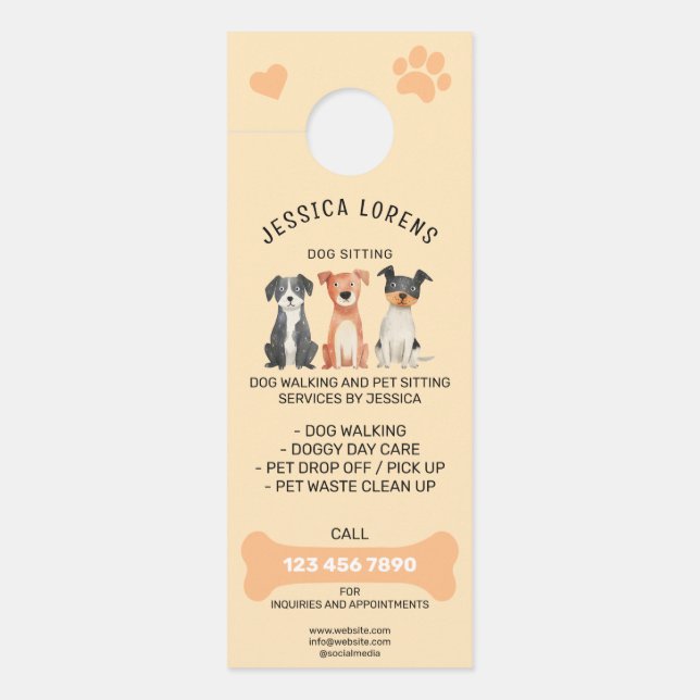 Cute Dog Walking Pet Puppy Sitting Services  Door Hanger (Front)