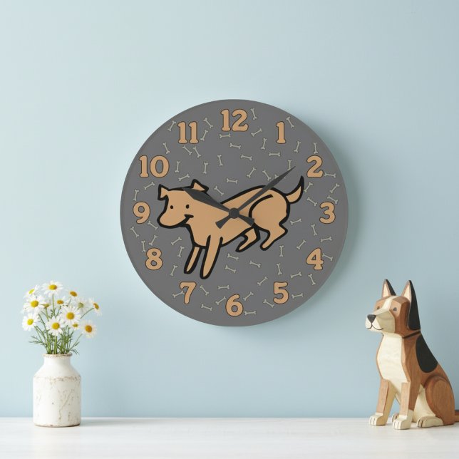 Cute Dog Wall Clock with Large 12 Hour Numbers (Cute and whimsical playful dog wall clock for a dog lover's home.)