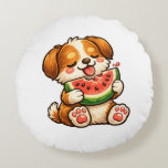 Cute Dog Watermelon Round Pillow<br><div class="desc">Kawaii cute dog enjoying juicy watermelon,  perfect for summer designs</div>
