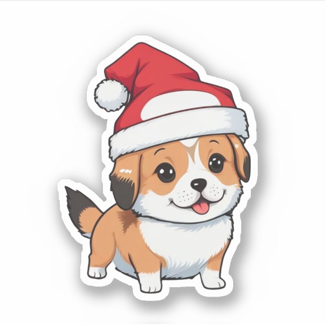 Cute Dog Wearing Christmas Hat Sticker (Front)