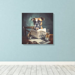 Cute Dog Wearing Glasses Reading Newspaper Canvas Print