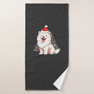 Cute Dog wearing Santa hat and Christmas tree Clas Bath Towel