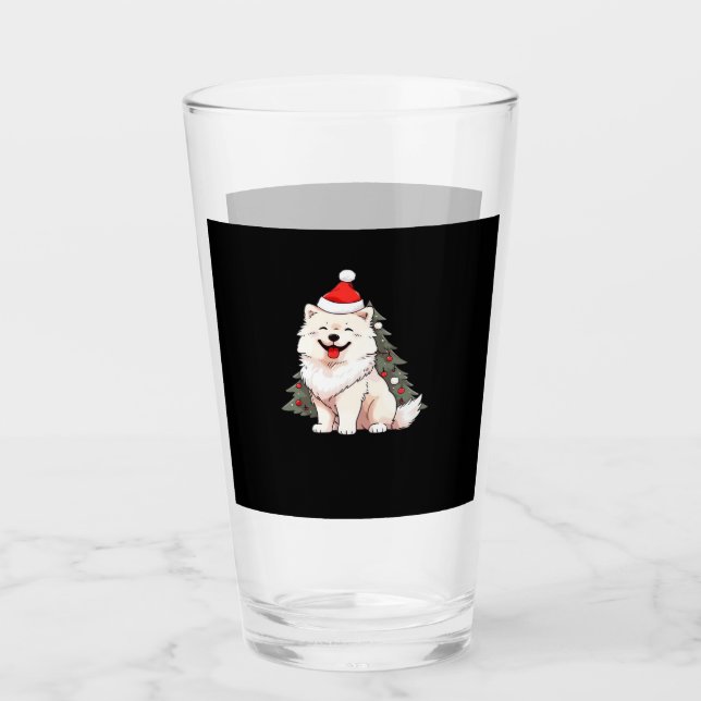 Cute Dog wearing Santa hat and Christmas tree Clas Glass (Front)