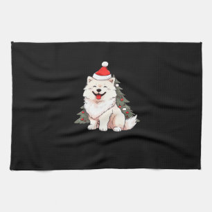 Cute Dog wearing Santa hat and Christmas tree Clas Kitchen Towel