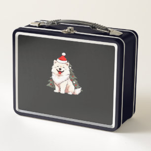 Cute Dog wearing Santa hat and Christmas tree Clas Metal Lunch Box