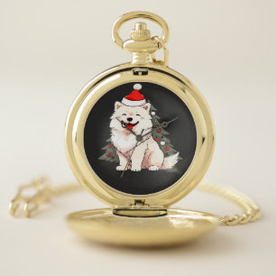 Cute Dog wearing Santa hat and Christmas tree Clas Pocket Watch