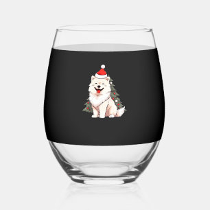 Cute Dog wearing Santa hat and Christmas tree Clas Stemless Wine Glass