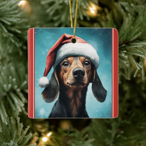 Cute Dog Wearing Santa Hat Dachshund Christmas Ceramic Ornament