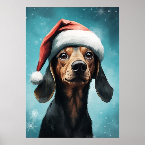 Cute Dog Wearing Santa Hat Dachshund Christmas Poster