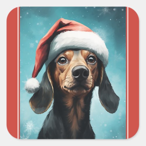 Cute Dog Wearing Santa Hat Dachshund Christmas Square Sticker
