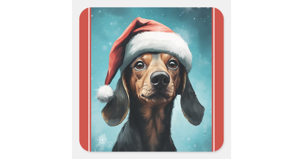 Cute Dog Wearing Santa Hat Dachshund Christmas Square Sticker | Zazzle