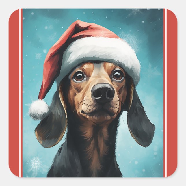 Cute Dog Wearing Santa Hat Dachshund Christmas Square Sticker (Front)