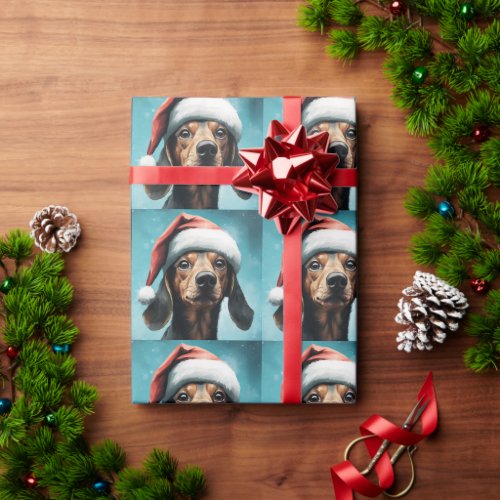 Cute Dog Wearing Santa Hat Dachshund Christmas Wrapping Paper