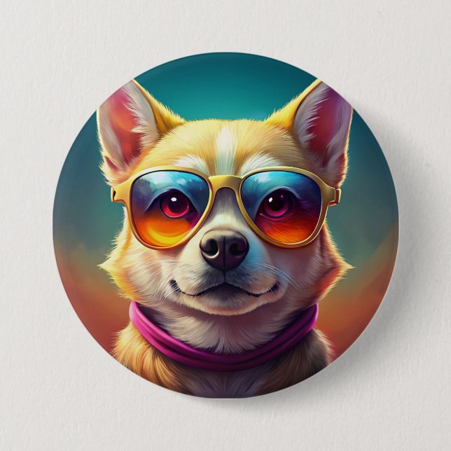 Cute dog wearing sunglasses button (Front)