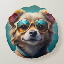 Cute dog wearing sunglasses round pillow
