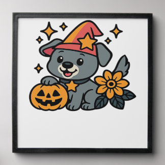 Cute Dog Witch hat Pumpkin Fun Halloween Oversized Peel And Stick Photo Tile