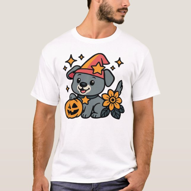 Cute Dog Witch hat Pumpkin Fun Halloween Oversized T-Shirt (Front)