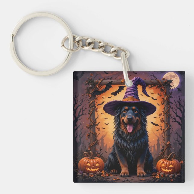 Cute Dog Witch Hat Pumpkin Halloween Scene Keychain (Front)