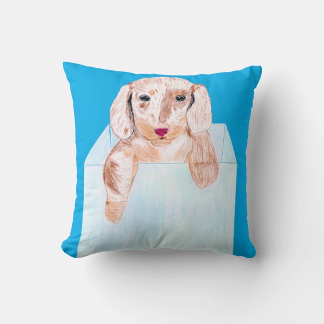 Cute Dog with a  blue box Throw Pillow (Front)