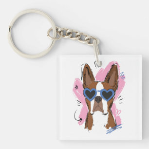 Cute Dog with Blue Heart Sunglasses on Pink Heart Keychain
