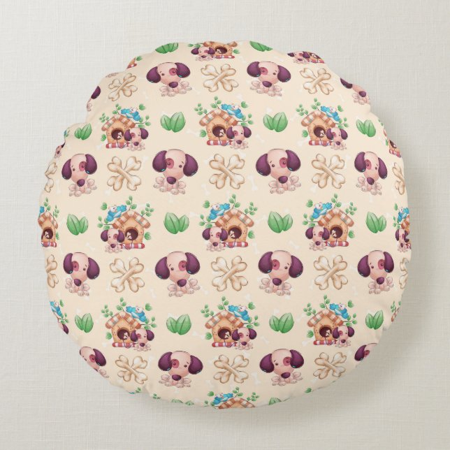 Cute Dog With Bones Tan  Round Pillow (Front)