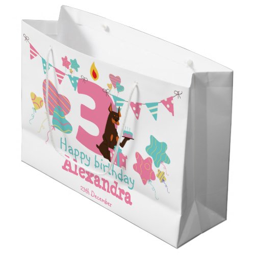 Cute dog with cake next to number Three Birthday Large Gift Bag