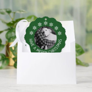 Cute Dog with Dad Photo Merry Christmas Green Ornament Card