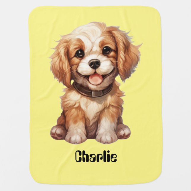 Cute dog with editable name baby blanket (Front)