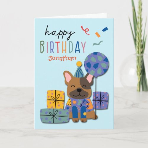 Cute Dog with Gifts and Balloon Kids Birthday Holiday Card