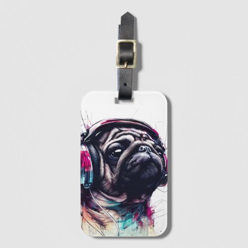 Cute Dog with Headphones water color illustration Luggage Tag